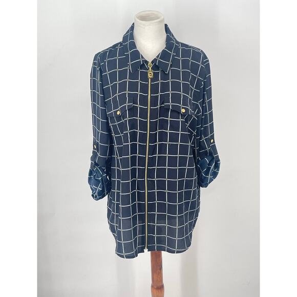 Michael Kors 3/4‎ Sleeve Checkered Pattern Navy Blue Gold Links Size M - Picture 1 of 3